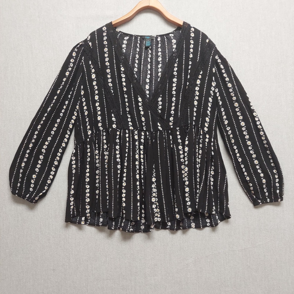 Rue+ Boho Daisy Floral Stripe‎ Top Womens 1X Black Lace Trim Babydoll Peasant